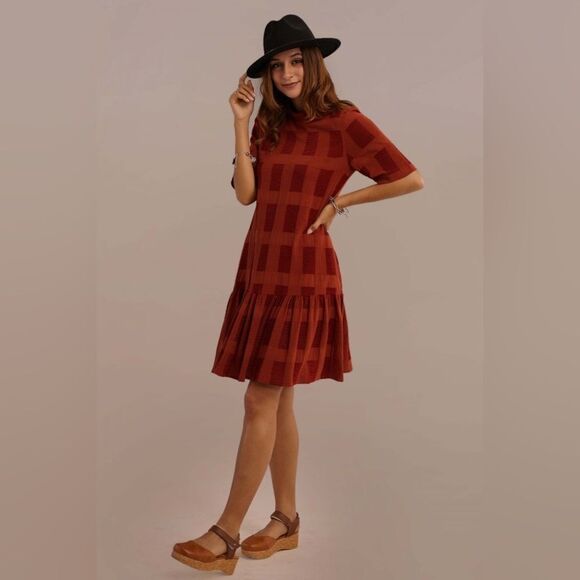 Pando grove Rust Half Sleeve Round Neck Natural
Cotton Plaid Mini Dress Sz S - Picture 3 of 14